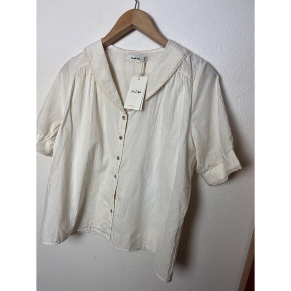 NWT Simple Retro Embroidered Lace Crochet Button Top Women’s Sz Small Ivory - Picture 2 of 7